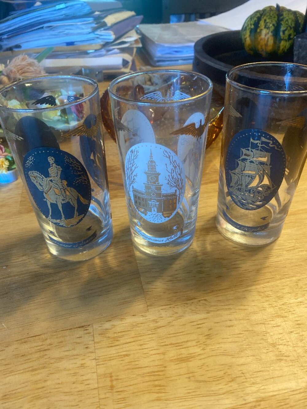 Vintage Libbey Americana Glasses Mid-Century Patriotic Barware 22K Gold Tumblers
